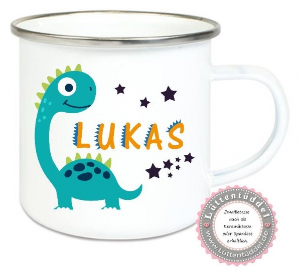 ♥ zauberhafte Tasse Emailletasse Becher  Dino 1; Name, Wunschname, Sterne KITA Kindergarten, Geburtstag, Einschulung, Kindergeburtstag, Dankeschön, Abschied, Jubiläum, Geschenk, Becher von Lüttentüddel